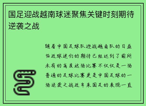 国足迎战越南球迷聚焦关键时刻期待逆袭之战
